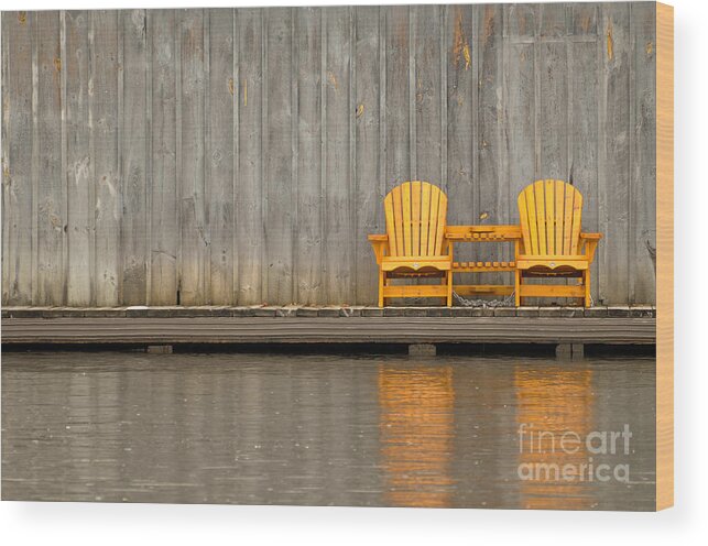 Two Wood Print featuring the photograph Two wooden chairs on an old dock by Les Palenik