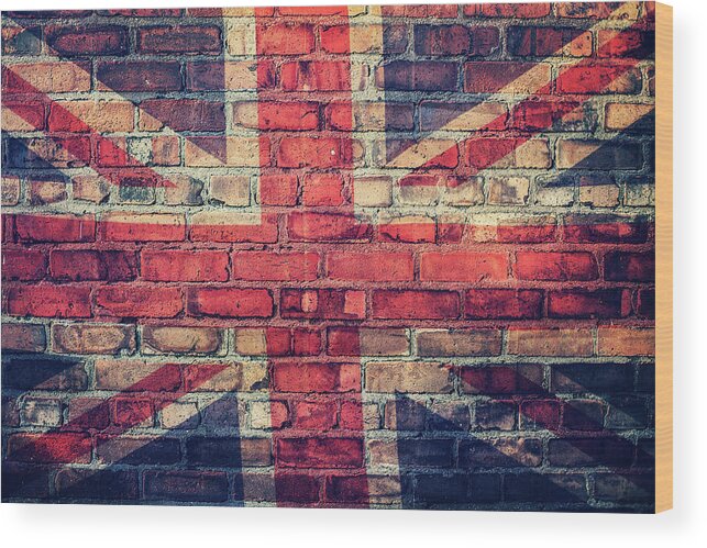 Art Wood Print featuring the photograph Union Jack Flag On Brick Wall by Sally Anscombe