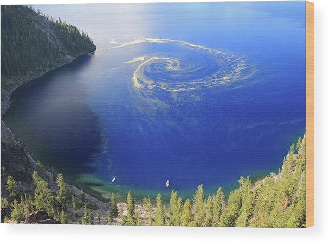 Crater Lake Wood Print featuring the photograph Unique And Unusual Swirl Of Pollen At by Pierre Leclerc Photography