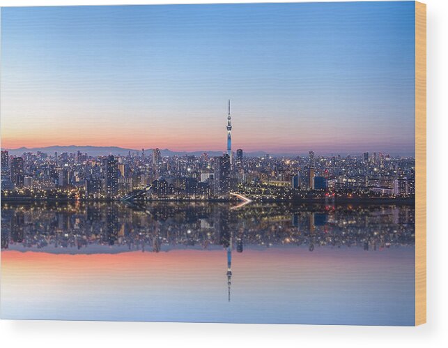 Apartment Wood Print featuring the photograph Urban reflection image of Tokyo at night by Photography by ZhangXun