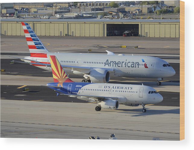 Airplane Wood Print featuring the photograph US Airways Airbus A319 N826AW Arizona American Boeing 787 N801AC Phoenix Sky Harbor March 10 2015 by Brian Lockett