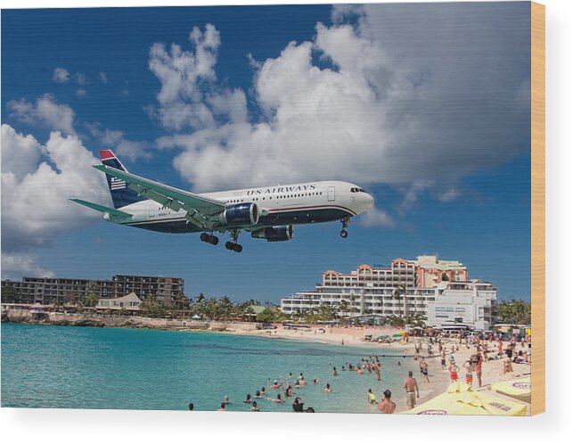 Us Wood Print featuring the photograph U S Airways landing at St. Maarten by David Gleeson
