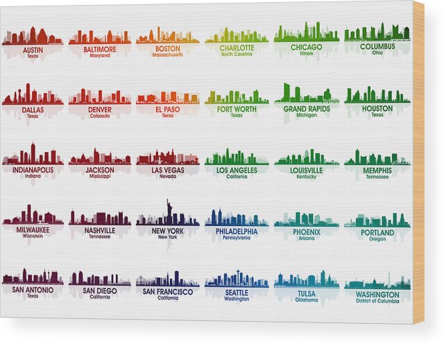 City Silhouette Wood Print featuring the digital art USA Skylines by Angelina Tamez