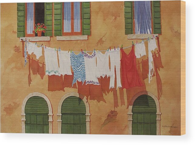 Venice Wood Print featuring the painting Venetian Washday by Mary Ellen Mueller Legault