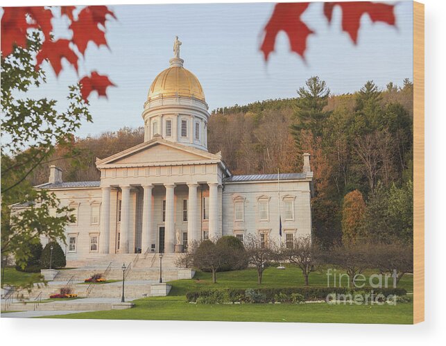 Vermont Wood Print featuring the photograph Vermont state capitol building at sunset Montpelier by Ken Brown