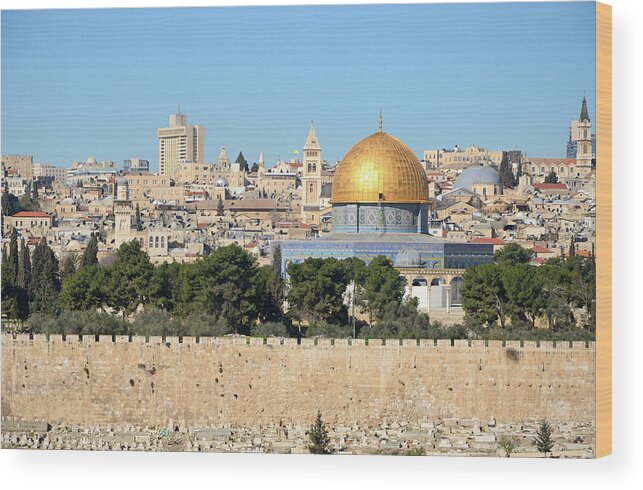 Dome Of The Rock Wood Print featuring the photograph View Of Jerusalem Skyline From Mount Of by Madzia71