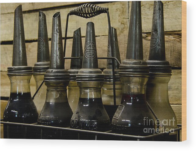 Vintage Wood Print featuring the photograph Vintage Glass Motor Oil Bottles by Wilma Birdwell