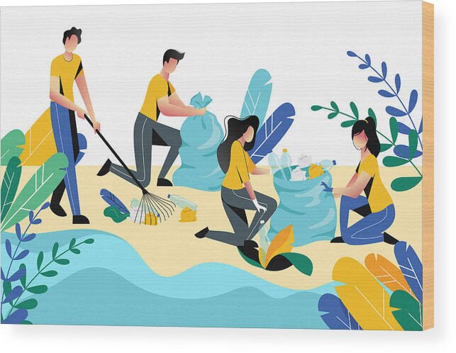 Environmental Conservation Wood Print featuring the drawing Volunteering, charity social concept. Volunteer people cleaning garbage on beach area or city park, vector illustration by Volodymyr Kryshtal