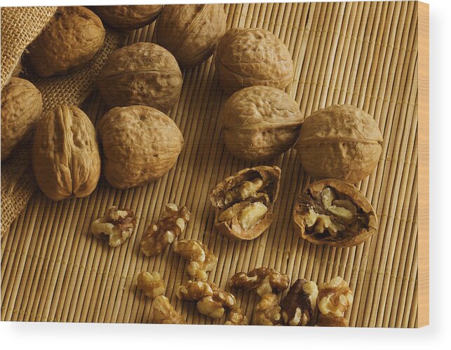 Walnut Wood Print featuring the photograph Walnuts on Bamboo by Mark McKinney