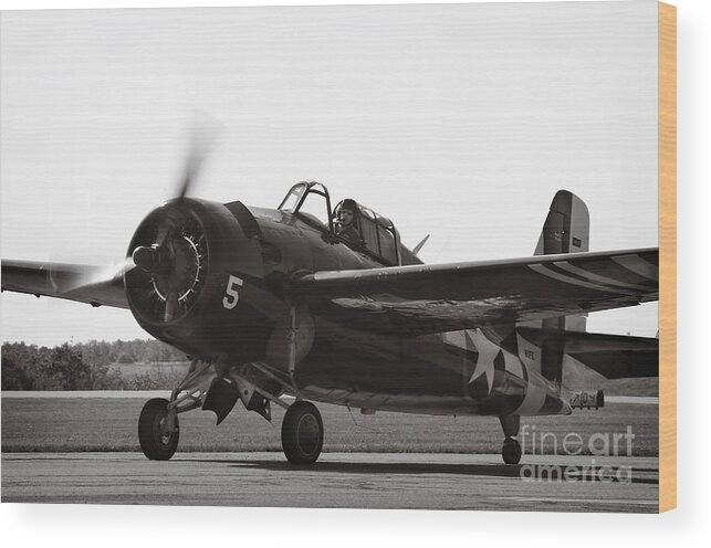 Grumman Fm-2 Wildcat Taxiing On Runway With Cockpit Open In Black And White Wood Print featuring the photograph War Bird From WW11 by Jim Calarese