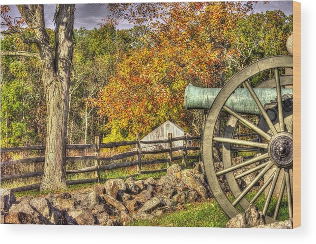 Civil War Wood Print featuring the photograph War Thunder - 3rd Massachusetts Light Artillery Battery C - J. Weikert Farm Autumn Gettysburg by Michael Mazaika