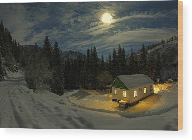 Snow Wood Print featuring the photograph Warm Light on A Cold Night by Movie Poster Prints