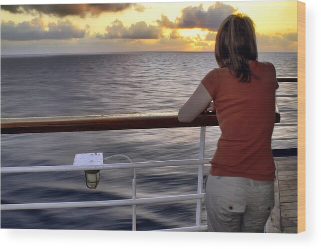 Woman Wood Print featuring the photograph Watching the Sunrise at Sea by Jason Politte