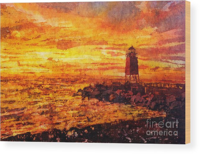Paper Wood Print featuring the painting Watercolor batik of Charlevoix lighthouse at sunset by Ryan Fox