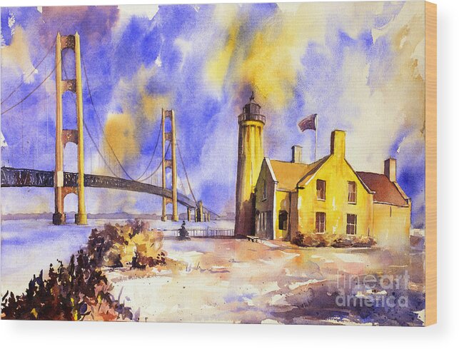 American Watercolor Society Wood Print featuring the painting Watercolor painting of ligthouse on Mackinaw Island- Michigan by Ryan Fox