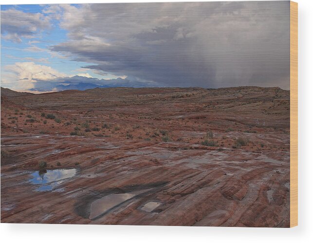 Nature Wood Print featuring the photograph Waterpockets And Storm At The Valley Of Fire by Steve Wolfe