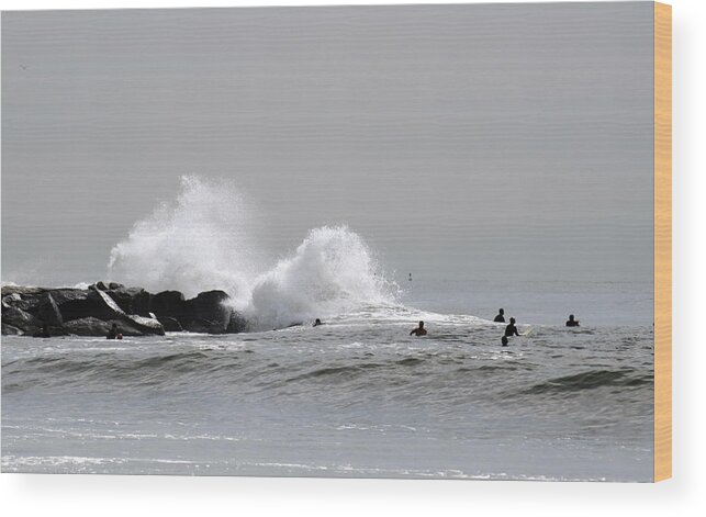 Beach Wood Print featuring the photograph Waves Crash Against Beach 91st Jetty by Maureen E Ritter