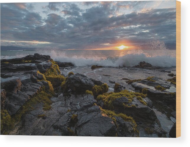 Scenics Wood Print featuring the photograph Waves Crashing Onto Rocks At Sunset by Photo By Robert Vaughn