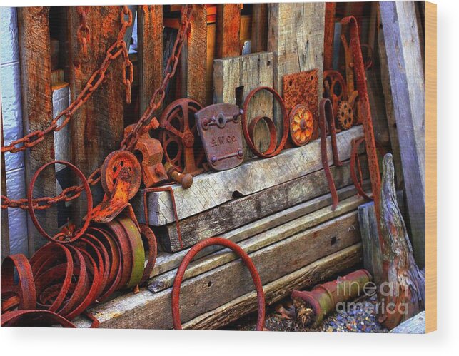Marcia Lee Jones Wood Print featuring the photograph Weathered Rims And Chainss by Marcia Lee Jones