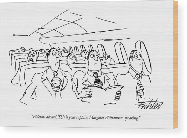 (planeful Of Obviously Surprised Businessmen Listen To Pilot's Voice Over Intercom.) Wood Print featuring the drawing Welcome Aboard. This Is Your Captain by Mischa Richter