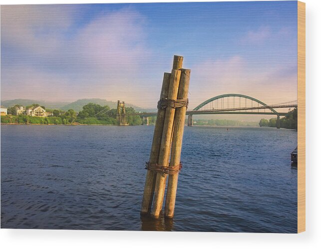 Early Morning Wood Print featuring the photograph Wheeling Suspension Bridge by Mary Almond