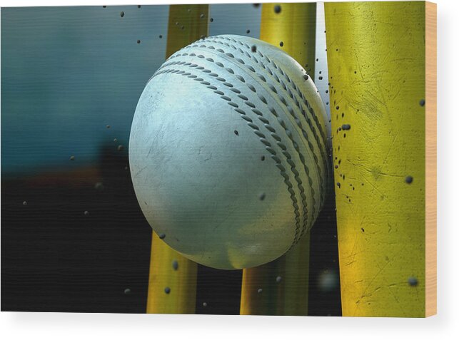5 Day Test Wood Print featuring the digital art White Cricket Ball And Wickets by Allan Swart