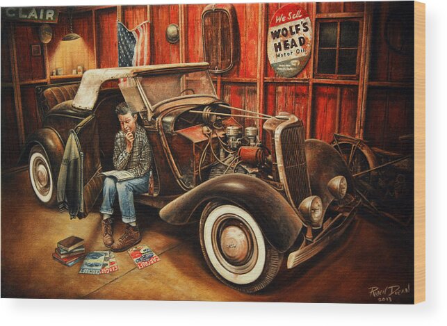 Oil Wood Print featuring the painting Willie Gillis Builds a Custom by Ruben Duran