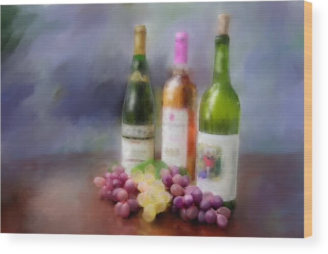 Bottles Of Wine. Red Grapes. Green Grapes. Fine Art. Texture. Painting. Digital Painting. Photography. Print. Poster. Canvas. Framed Art. Greeting Card. Still Life. Wood Print featuring the painting Wine Time by Mary Timman