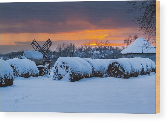 Snow Wood Print featuring the photograph Winter Sunset on the Farm by Holden The Moment