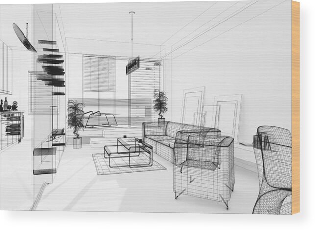 Plan Wood Print featuring the photograph Wireframe 3D Modern Interior. Blueprint. Render Image. Architecture Abstract. by PetrePlesea