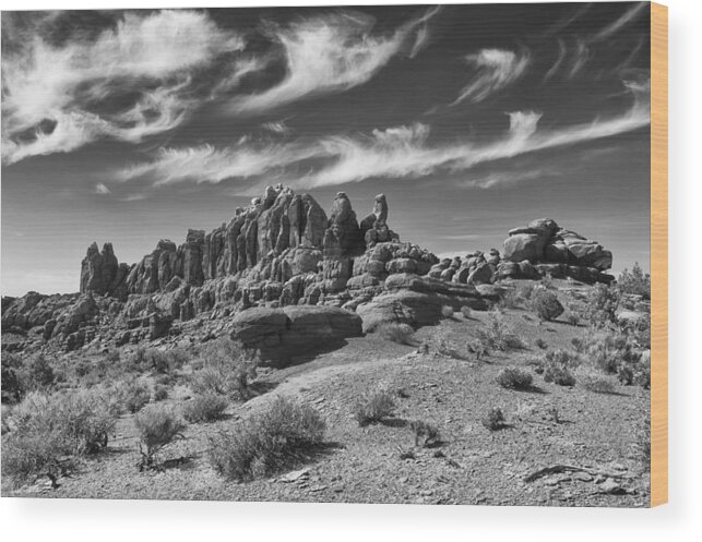 Arches National Park Wood Print featuring the photograph Wispy Clouds Klondike Bluffs by Allan Van Gasbeck