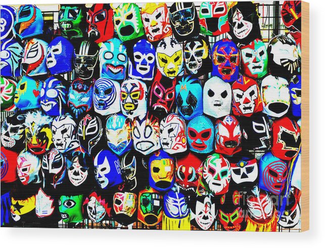 San Francisco Wood Print featuring the photograph Wrestling Masks of Lucha Libre Altered by Jim Fitzpatrick