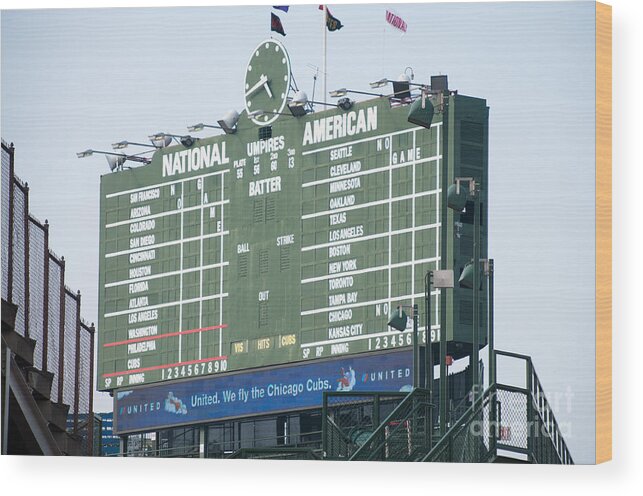Chicago Wood Print featuring the photograph Wrigley Field Scoreboard Sign by Paul Velgos
