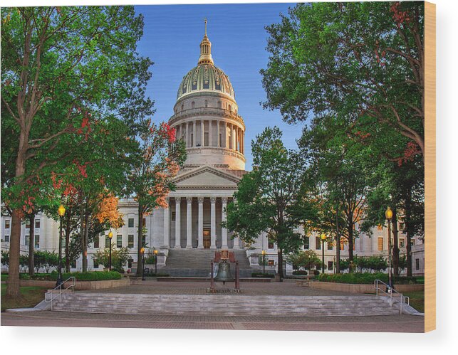 West Virginia Wood Print featuring the photograph WV Capitol as dusk by Mary Almond