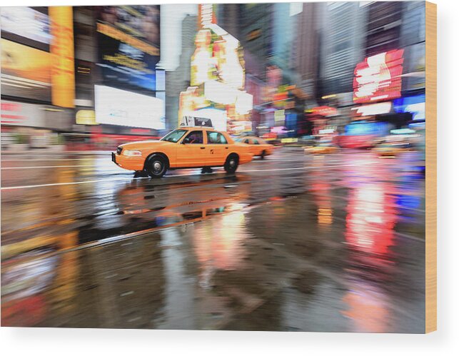 Blurred Motion Wood Print featuring the photograph Yellow Cab And Reflections, Times by Fred Froese