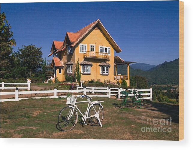 Architecture Wood Print featuring the photograph Yellow classic house on hill by Tosporn Preede