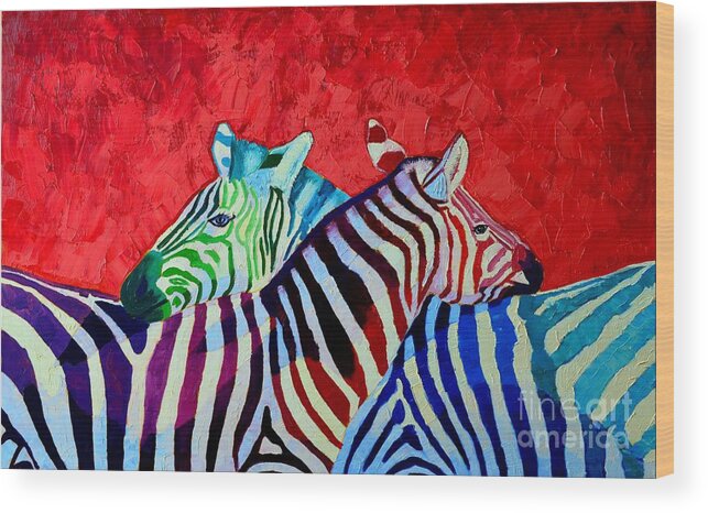Zebra Wood Print featuring the painting Zebras In Love by Ana Maria Edulescu