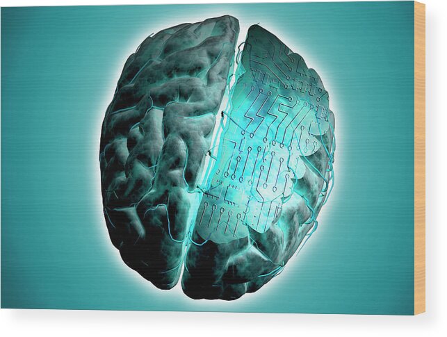 Horizontal Wood Print featuring the digital art Brain With Circuit Board #1 by MedicalRF.com