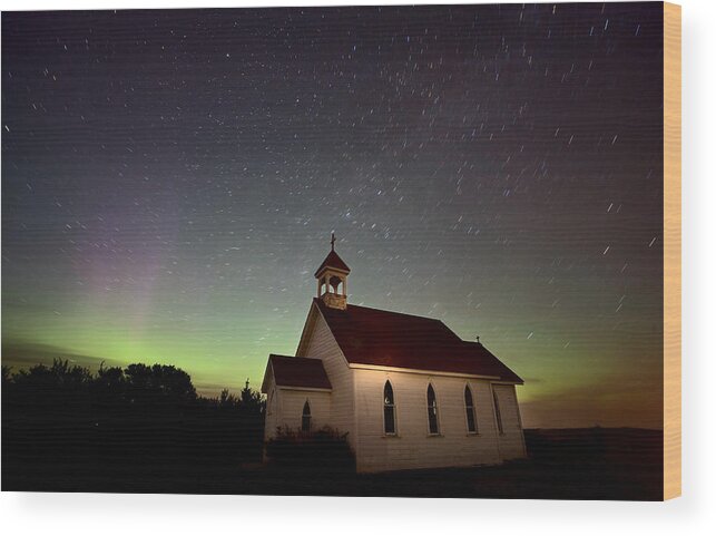 Aurora Wood Print featuring the digital art Night Church Northern Lights #1 by Mark Duffy