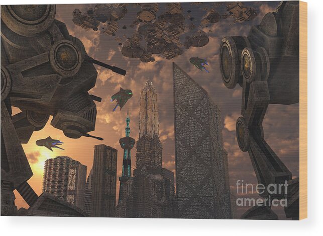 Cityscape Wood Print featuring the digital art A City Of The Future Guarded By Battle by Mark Stevenson