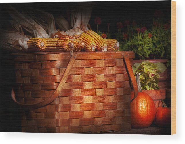 Picnic Wood Print featuring the photograph Autumn - Gourd - Fresh corn by Mike Savad