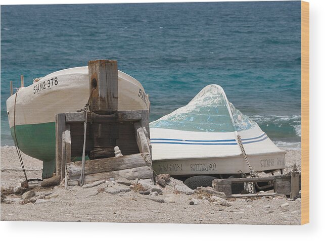 Blue Wood Print featuring the photograph Blue Skiffs Spain by David Kleinsasser