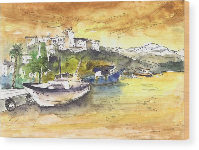 Travel Art Wood Print featuring the painting Boat in Agia Galini 03 by Miki De Goodaboom