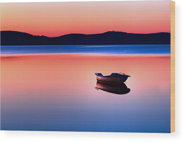 Blue Wood Print featuring the photograph Boat in Sunset II by Gert Lavsen