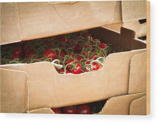 Cherry Tomatoes Wood Print featuring the photograph Box Of Vine Ripe Tomatoes by Dina Calvarese