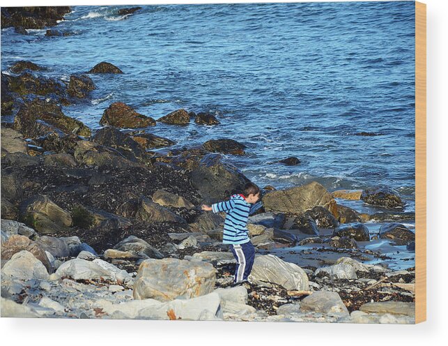 Boy Wood Print featuring the photograph Boy Throwing a Stone Maine Coast by Maureen E Ritter