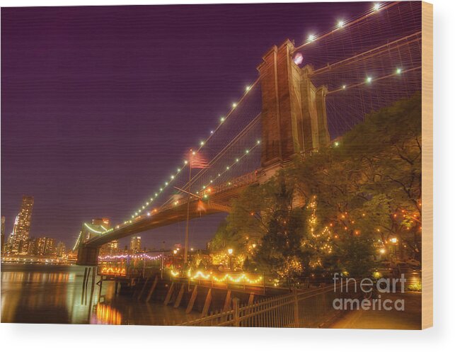 Art Wood Print featuring the photograph Brooklyn Bridge At Night by Yhun Suarez