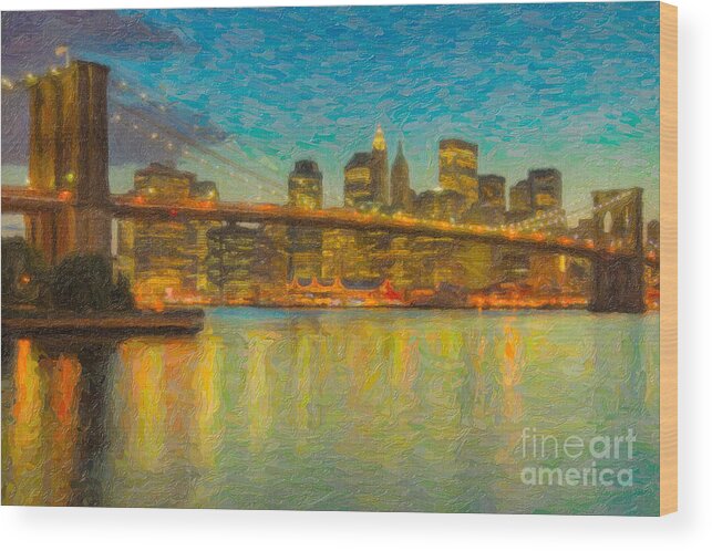 Clarence Holmes Wood Print featuring the photograph Brooklyn Bridge Twilight Impasto by Clarence Holmes