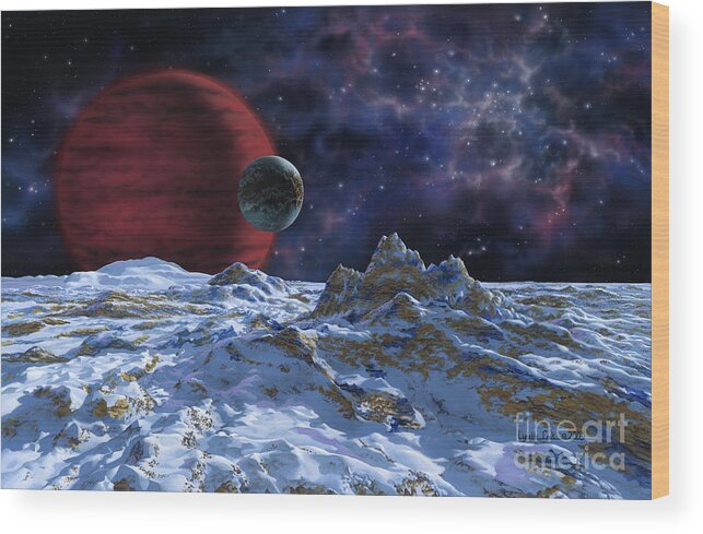 lynette Cook Wood Print featuring the painting Brown Dwarf with Planet and Moon by Lynette Cook