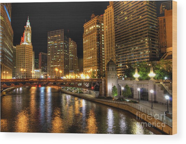 Wrigley Tower Wood Print featuring the photograph Chiacgo downtown at night by Dejan Jovanovic